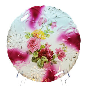 Antique PS Germany Porcelain Large Red, Pink, Yellow Roses Decorated 10.5" Plate